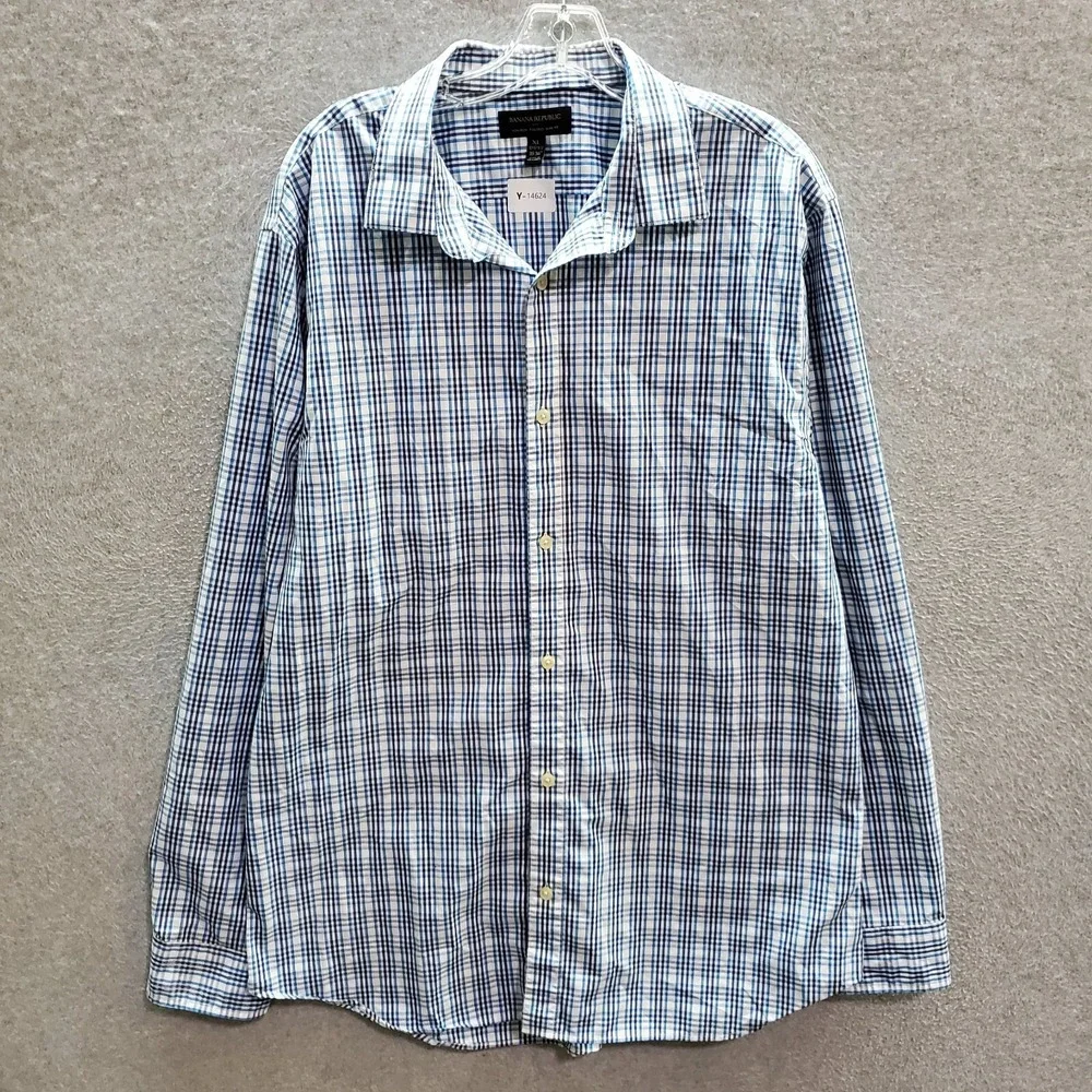 Banana‎ Republic Men Button Up Shirt XL Blue Plaid Long Sleeve Tailored Slim Fit